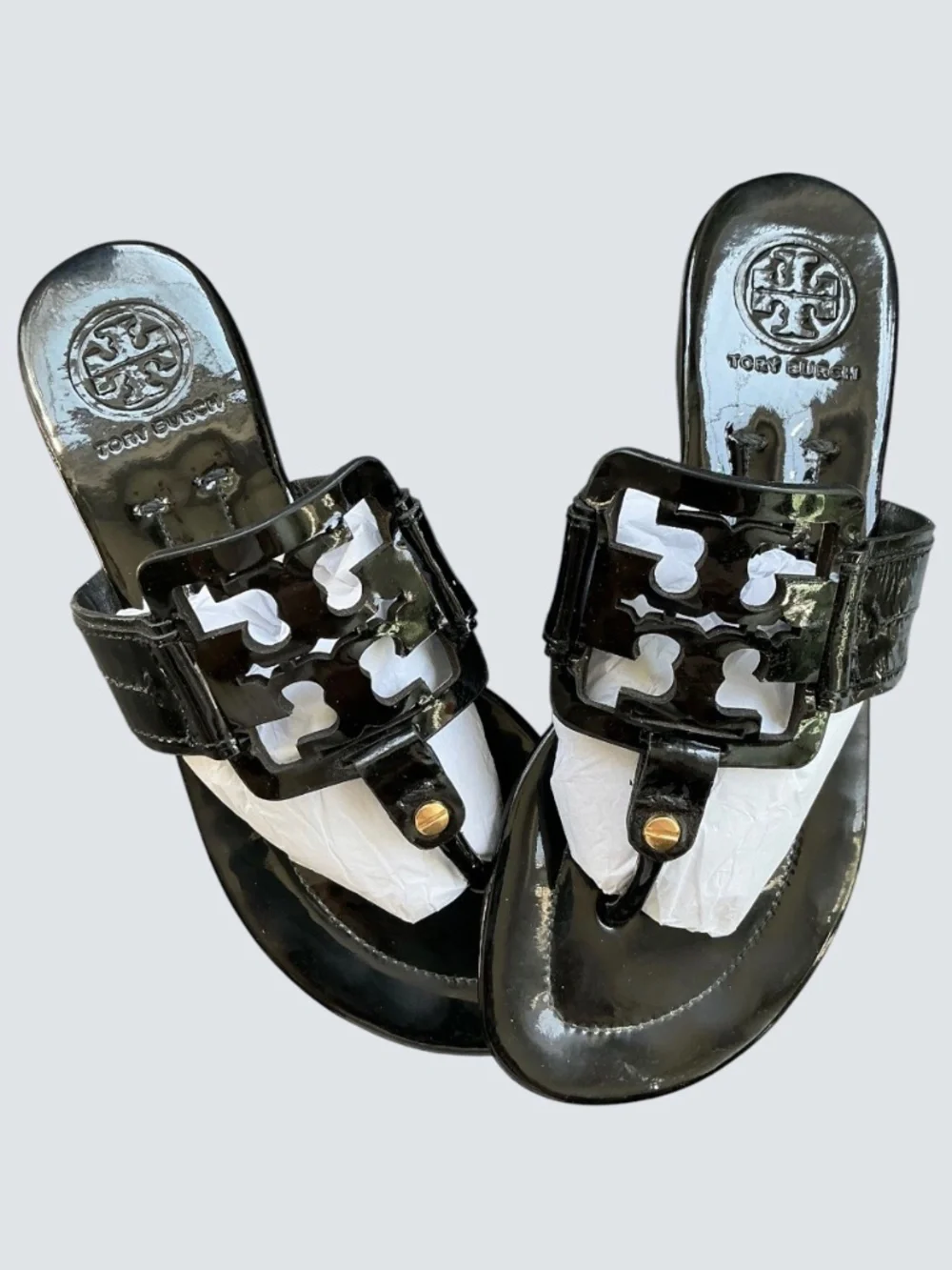Tory Burch Black Patent Leather Miller Sandals Rare Square Logo SZ 6.5M